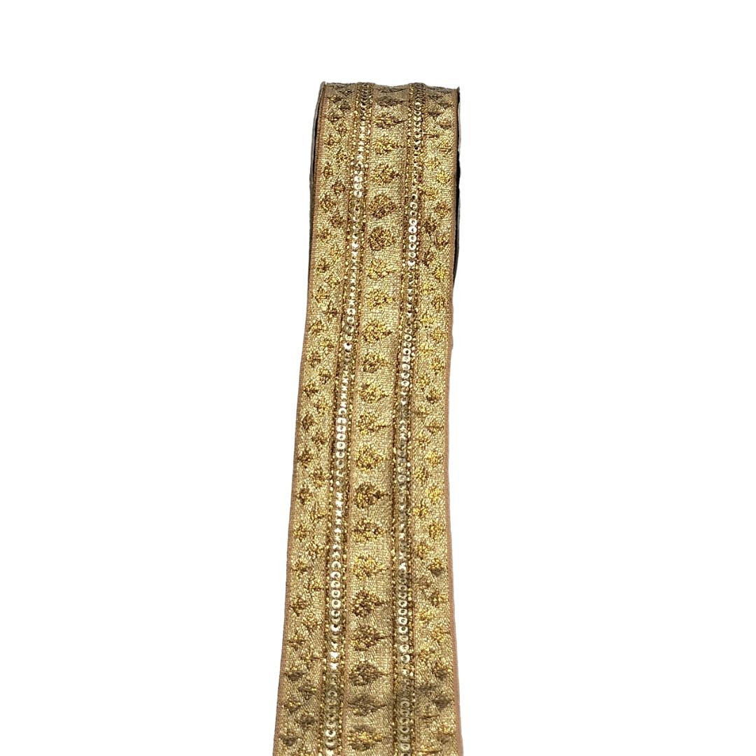 Decorative gold lace ribbon on a white background